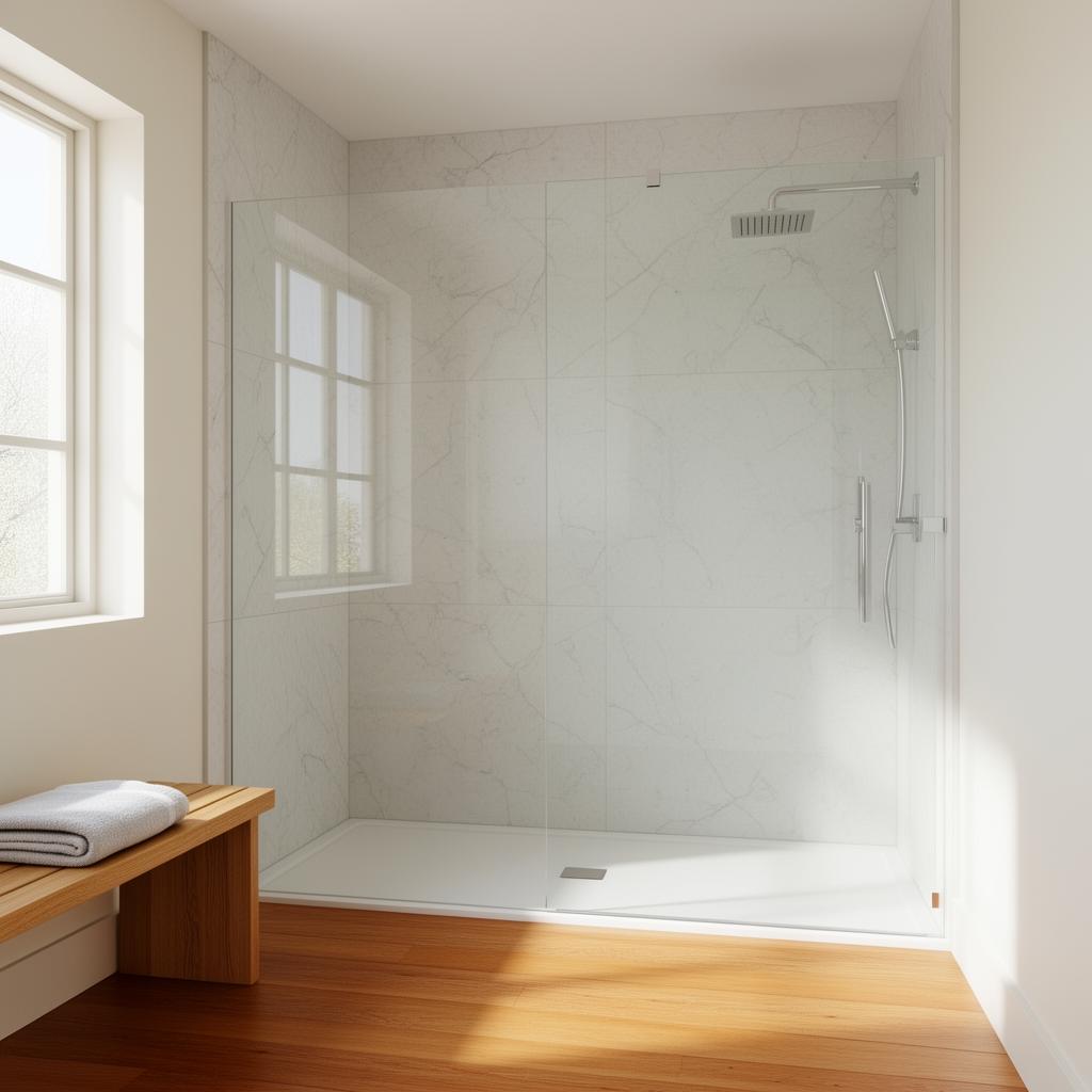 Helle Walk-In-Dusche mit warmen Holztönen